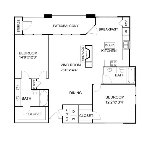 Floor plan for 2 beds, 2 baths, 1233 sqft